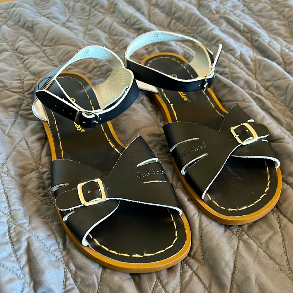 Salt Water Sandals by Hoy Black Leather Ankle Strap Sandals with Tan Sole Edge